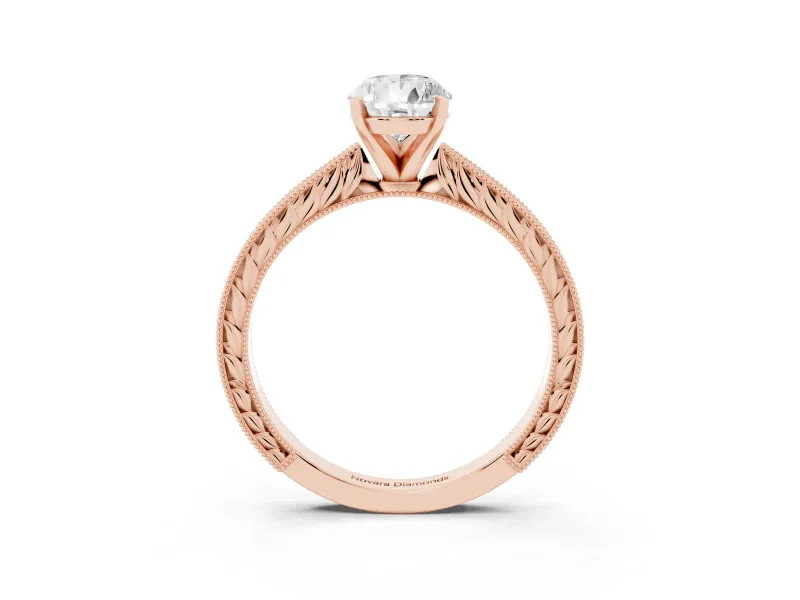 Pear Cut Diamond Solitaire Milgrain Engraved Band Set in Rose gold with Prong Setting