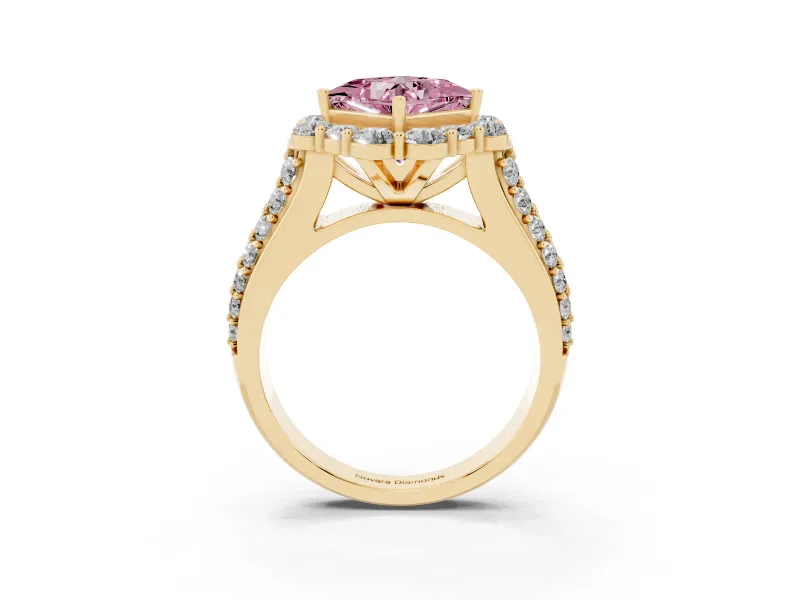 Fancy Pink Princess Cut Diamond Halo Engagement Ring Set in Yellow gold with Split Shank and Prong Setting
