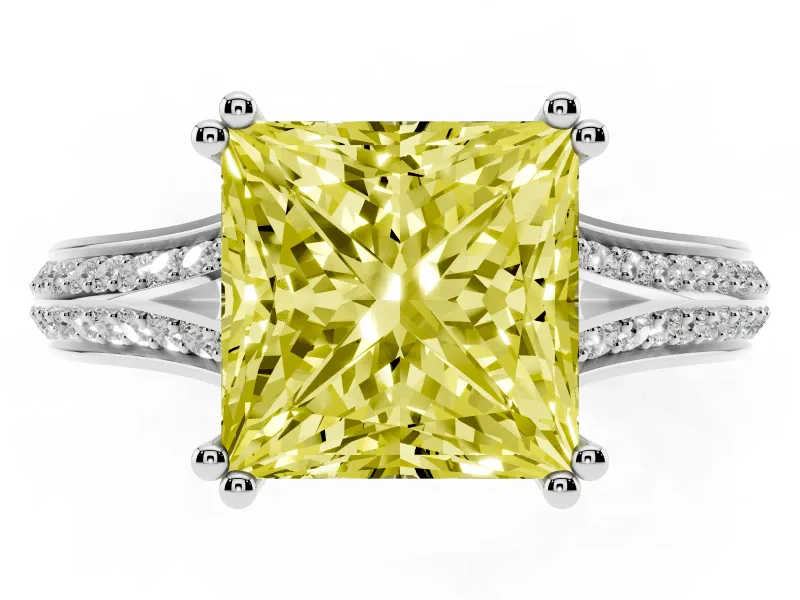 Princess Cut Split Shank Engagement Ring Setting for a Fancy Yellow Lab-Grown Diamond | Pave Band | Platinum