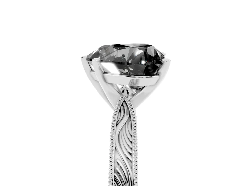 Fancy Black Heart Cut Diamond Solitaire Milgrain Engraved Band Set in White gold with Prong Setting