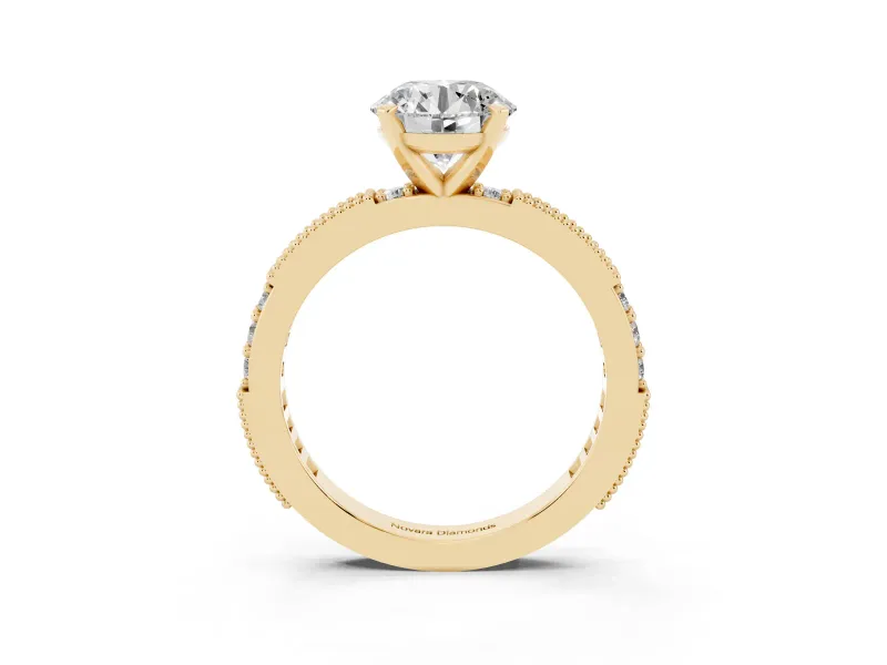 Round Vintage Pavé Solitaire Engagement Ring Setting | Milgrain Edges | Yellow Gold
