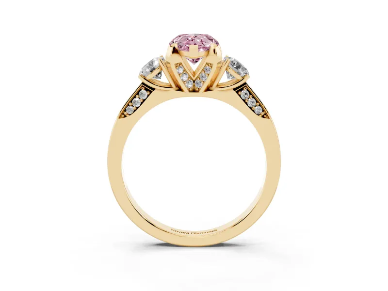 Pear-Shaped Hidden Halo Three Stone Engagement Ring Setting for a Fancy Pink Lab-Grown Diamond | Yellow Gold