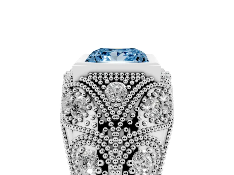 Fancy Blue Princess Cut Diamond Bezel Ring Set in White gold with Milgrain Accent Band