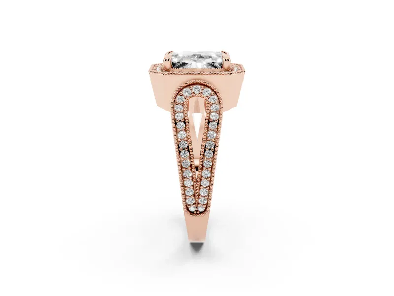 Emerald Cut Vintage Milgrain Halo Engagement Ring Setting | Open Loop Pave Shoulders | Rose Gold