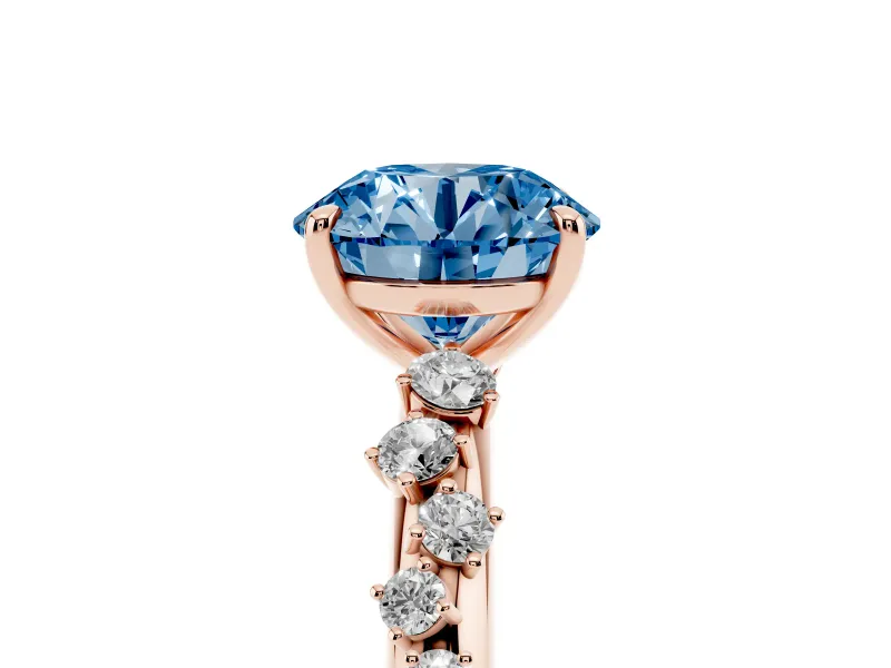 Fancy Blue Round Cut Diamond Cluster Solitaire Ring Set in Rose gold with Prong Setting