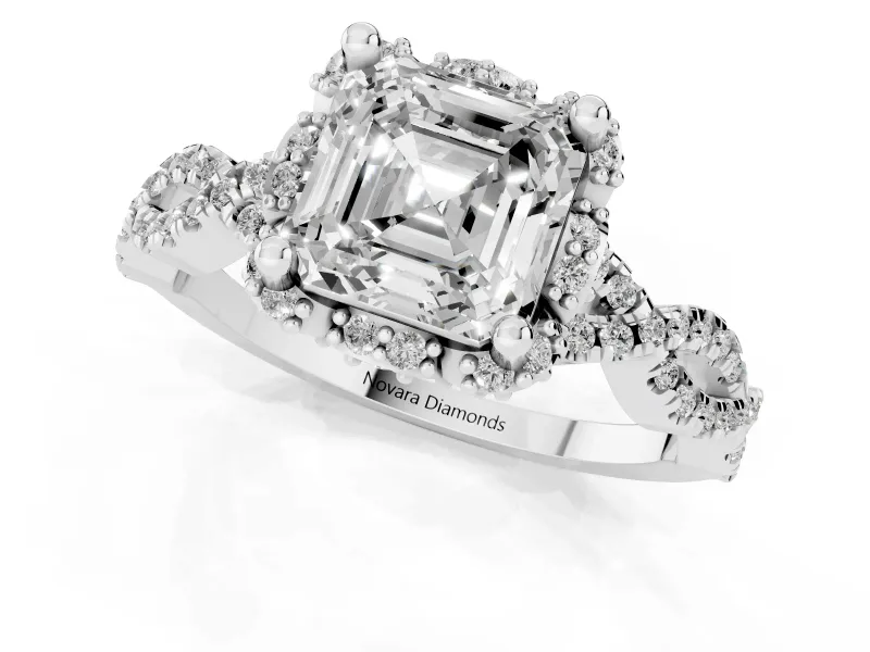 Asscher Cut Diamond Halo Twist Band Solitaire Ring Set in Platinum with Prong-Set Center Stone