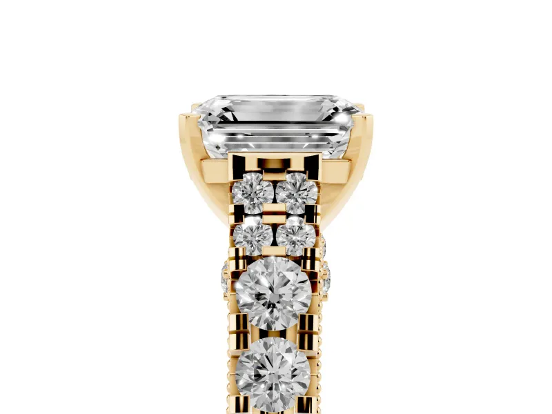 Emerald Cut Graduated Side Stone Cathedral Engagement Ring Setting | Milgrain Gallery | Yellow Gold