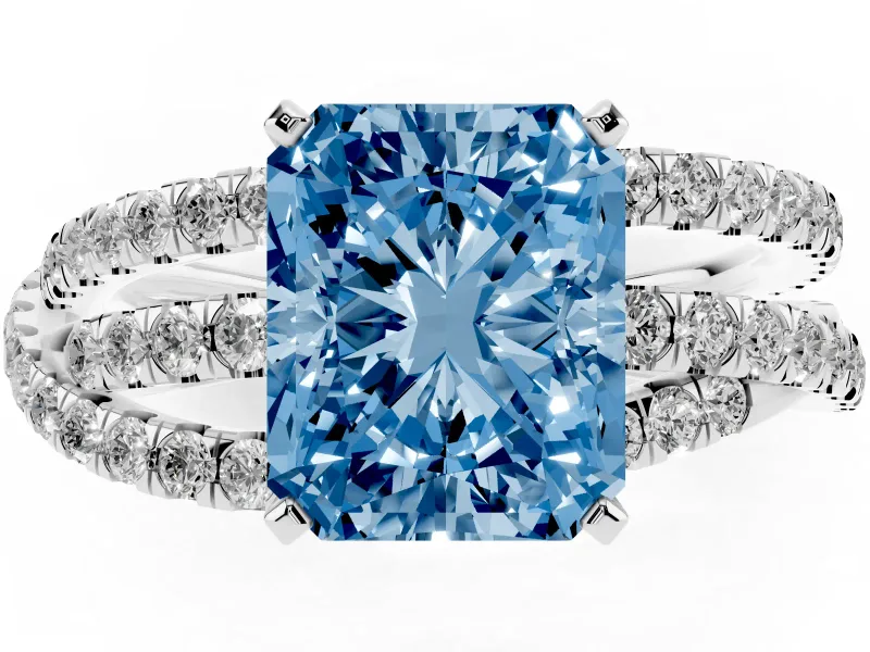 Fancy Blue Radiant Cut Diamond Solitaire Twist Band Ring Set in White gold with Pavé Setting and Prong Head