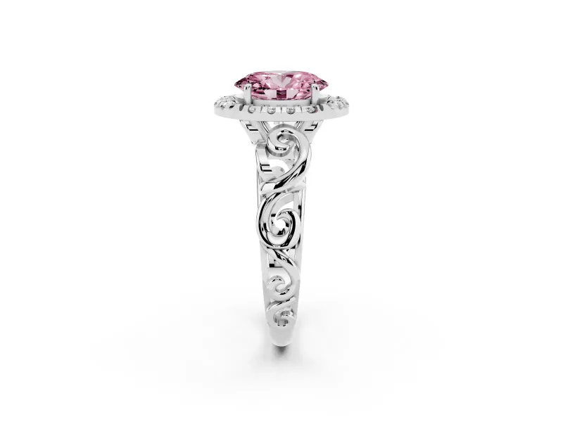 Fancy Pink Oval Cut Diamond Halo Ring Set in Platinum with Scrollwork Band and Prong Setting