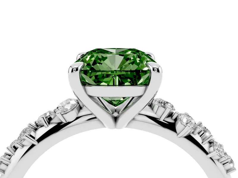 Fancy Green Cushion Cut Diamond Solitaire Vine Band Ring Set in White gold with Round Accents and Prong Setting