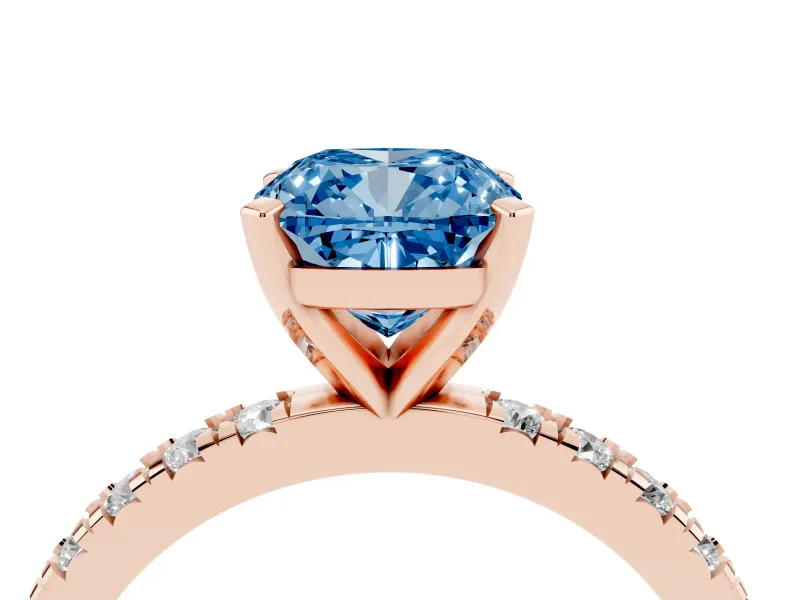 Fancy Blue Cushion Cut Diamond Pavé Band Solitaire Set in Rose gold with Prong Setting