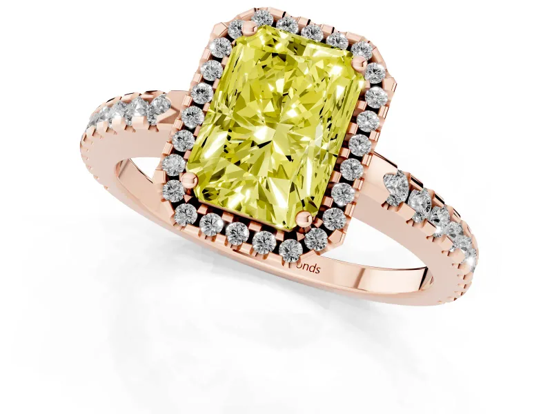 Radiant Cut Pave Halo Engagement Ring Setting for a Fancy Yellow Lab-Grown Diamond | Rose Gold
