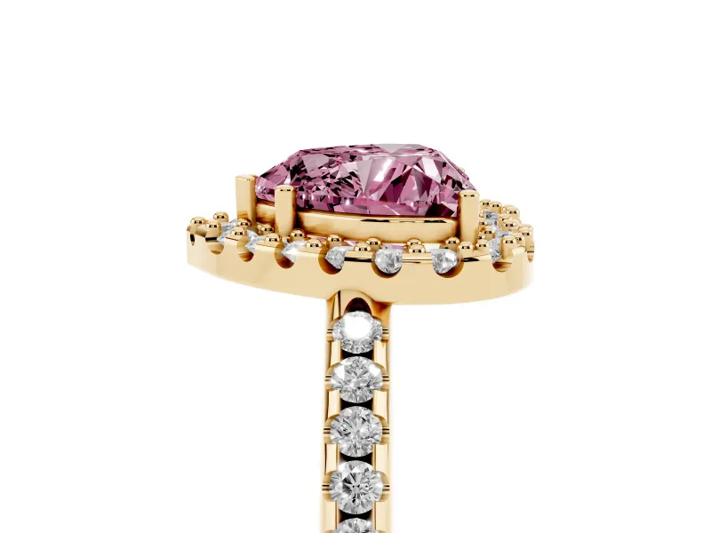 Heart-Shaped Pave Halo Engagement Ring Setting for a Fancy Pink Lab-Grown Diamond | Pave Band | Yellow Gold