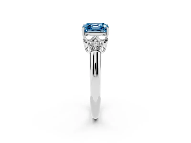 Fancy Blue Asscher Cut Diamond Cluster Ring Set in Platinum with Round Accent Stones and Prong Setting on a Plain Band
