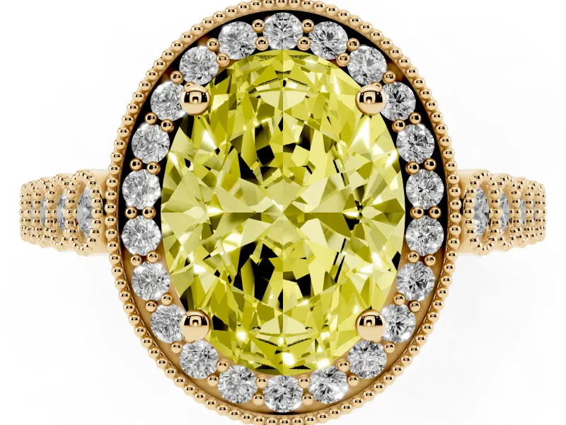 Oval Milgrain Halo Engagement Ring Setting for a Fancy Yellow Lab-Grown Diamond | Graduated Bezel Accents | Yellow Gold
