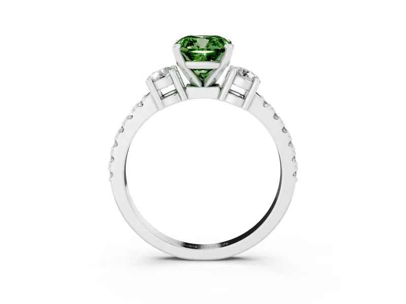 Cushion Cut Three Stone Pavé Engagement Ring Setting for a Fancy Green Lab-Grown Diamond | Round Side Stones | Platinum