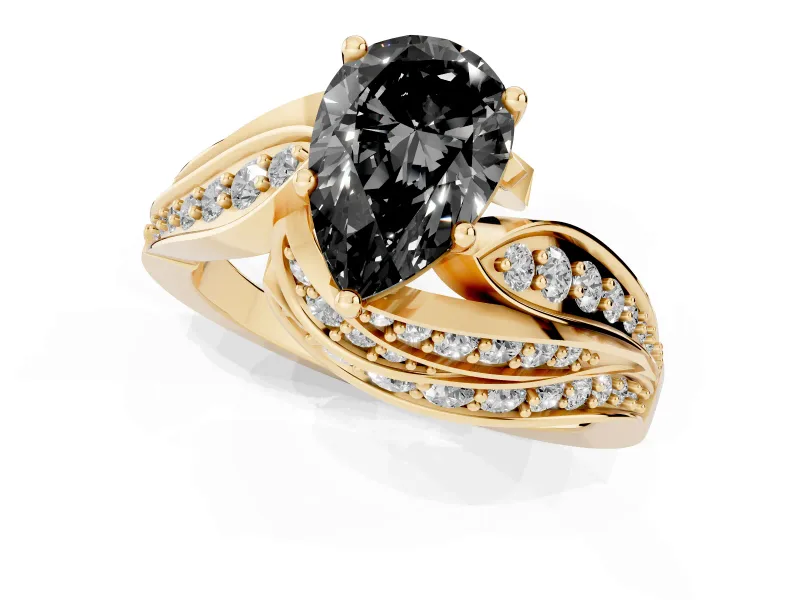 Pear-Shaped Bypass Pavé Engagement Ring Setting for a Black Center | Graduated Pavé | Yellow Gold