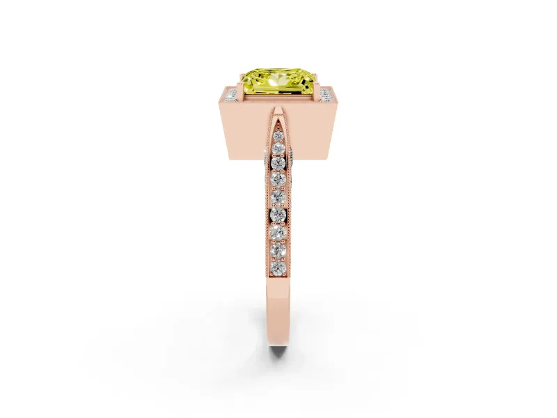Princess Cut Milgrain Halo Engagement Ring Setting for a Fancy Yellow Lab-Grown Diamond | Side Stones | Rose Gold