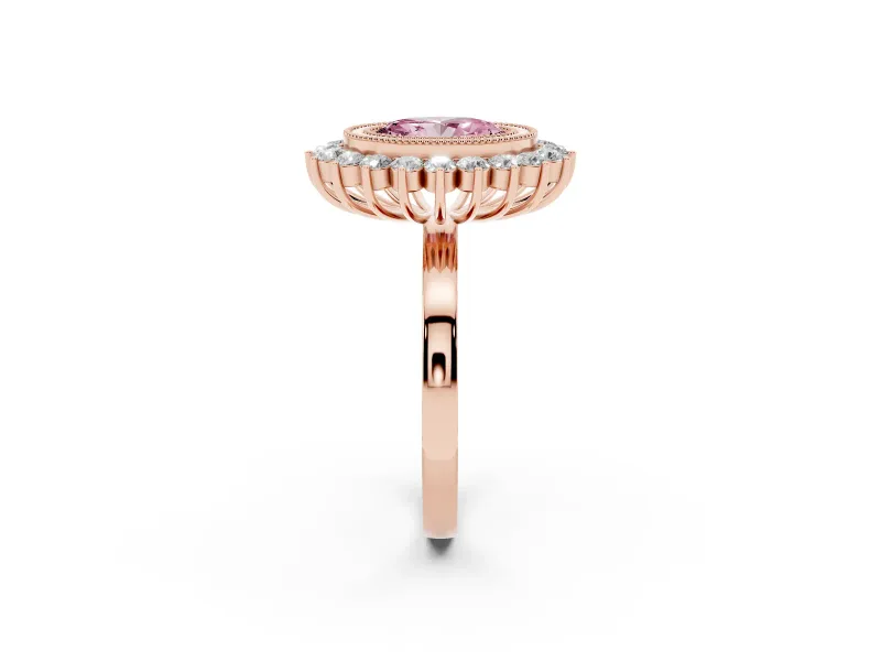 Fancy Pink Oval Cut Diamond Halo Ring Set in Rose gold with Milgrain Edge and Round Prong Setting