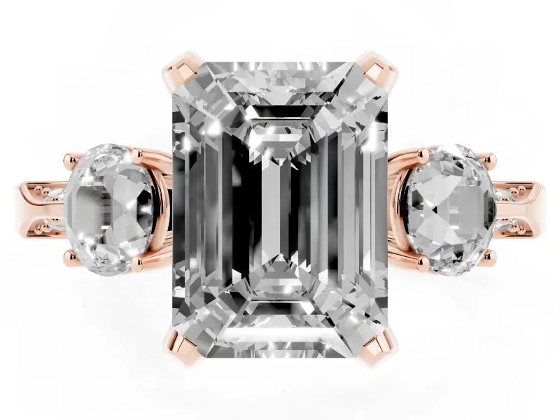 Emerald Cut Hidden Halo Three Stone Engagement Ring Setting for a Fancy Yellow Lab-Grown Diamond | Rose Gold