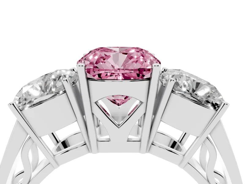 Fancy Pink Cushion Cut Diamond Three-Stone Ring Set in White gold with Textured Band