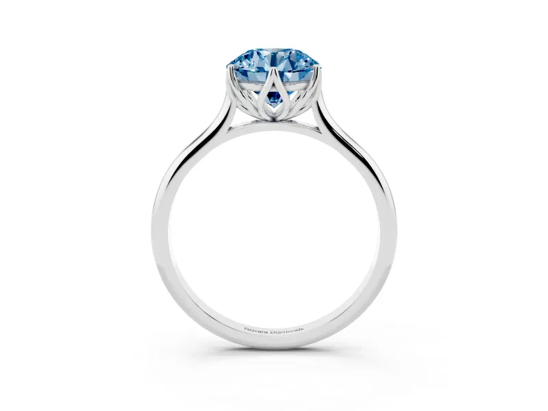 Fancy Blue Round Cut Diamond Solitaire Cathedral Ring Set in Platinum with Prong Setting