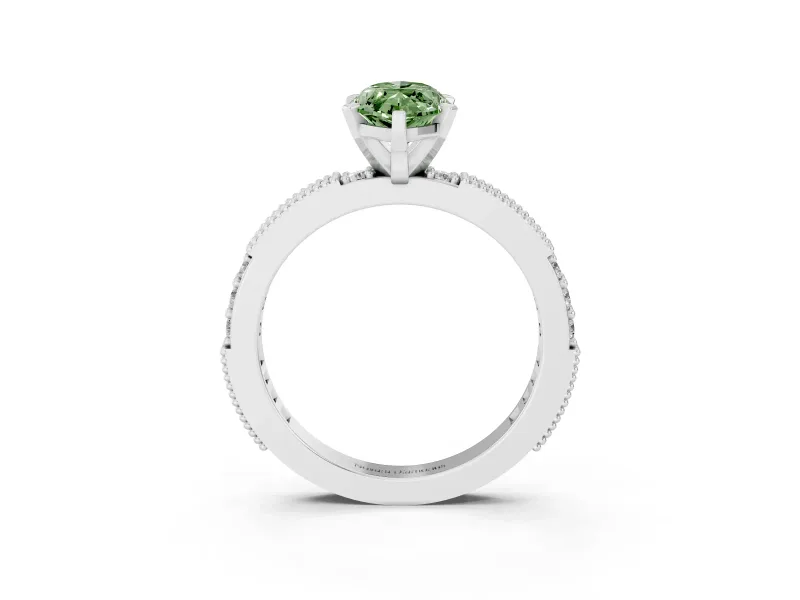 Fancy Green Marquise Cut Diamond Solitaire Ring Set in Silver with Slim Pavé Band and Prong Setting