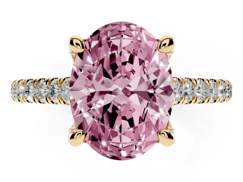 Oval Hidden Halo Pave Engagement Ring Setting for a Fancy Pink Lab-Grown Diamond | Claw Prongs | Yellow Gold