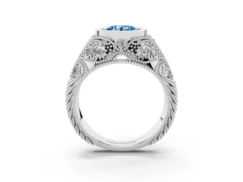 Fancy Blue Round Cut Diamond Bezel Ring Set in Platinum with Milgrain Accent Band