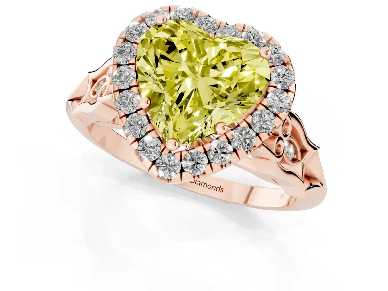 Heart-Shaped Halo Engagement Ring Setting for a Fancy Yellow Lab-Grown Diamond | Filigree Shoulders | Rose Gold