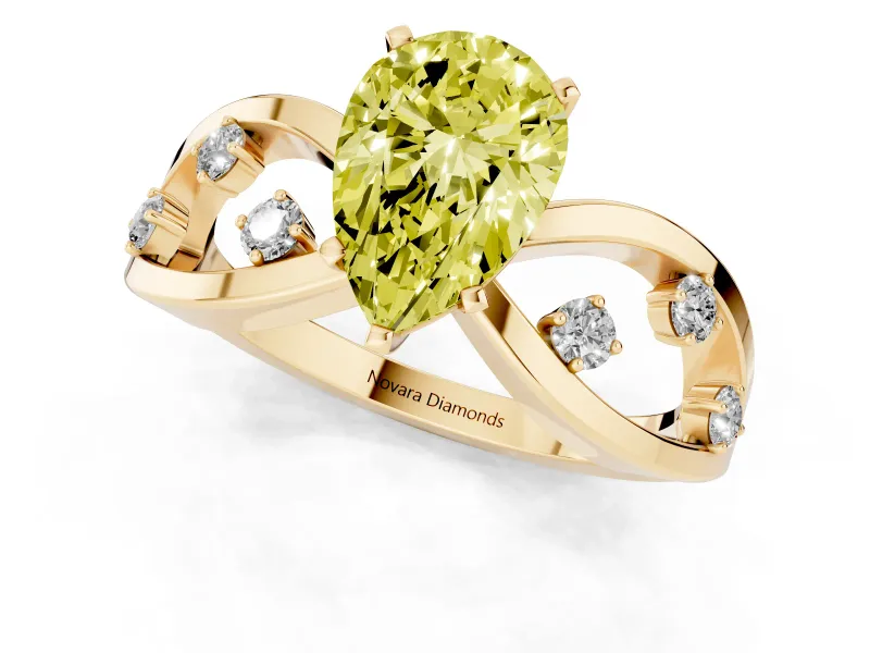 Fancy Yellow Pear Cut Diamond Solitaire Ring Set in Yellow gold with Side Stones on Criss-Cross Band and Prong Setting