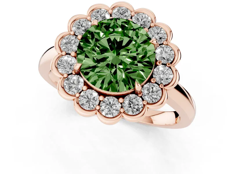 Round Scalloped Cluster Halo Engagement Ring Setting for a Fancy Green Lab-Grown Diamond | Plain Band | Rose Gold