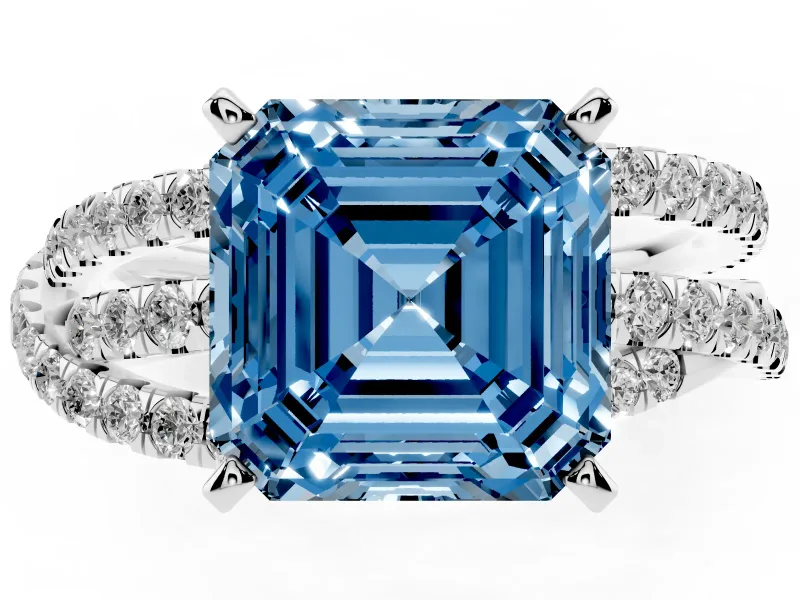 Fancy Blue Asscher Cut Diamond Solitaire Twist Band Ring Set in White gold with Pavé Setting and Prong Head