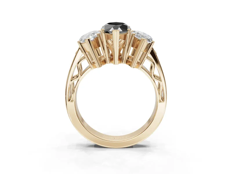 Marquise Three Stone Engagement Ring Setting for a Black Center | Beaded Shoulders | Yellow Gold