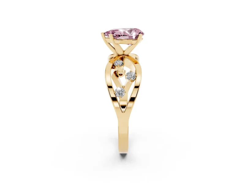 Fancy Pink Pear Cut Diamond Solitaire Ring Set in Yellow gold with Side Stones on Criss-Cross Band and Prong Setting