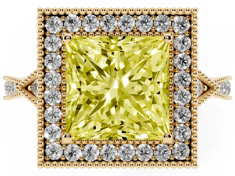 Princess Cut Milgrain Halo Engagement Ring Setting for a Fancy Yellow Lab-Grown Diamond | Graduated Pavé | Yellow Gold