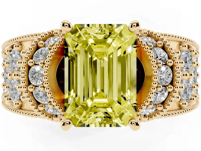 Emerald Cut Vintage Pave Engagement Ring Setting for a Fancy Yellow Lab-Grown Diamond | Milgrain Edges | Yellow Gold