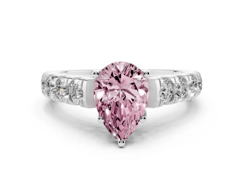 Fancy Pink Pear Cut Diamond Solitaire Ring Set in Platinum with Cut-Down Micro Pavé Band and Prong Setting