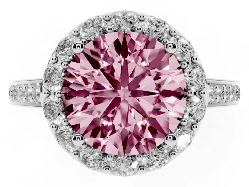 Fancy Pink Round Cut Diamond Floral Halo Ring Set in Platinum with Pavé Band and Prong Setting