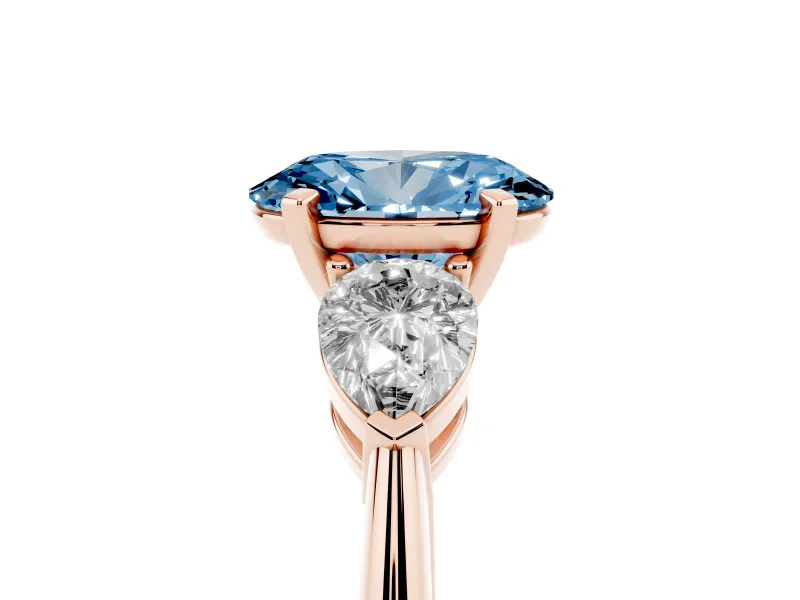 Oval Three-Stone Ring Setting for a Fancy Blue Lab-Grown Diamond | Pear Side Stones | Rose Gold