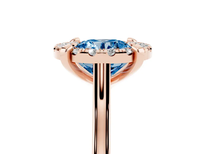 Round Halo Engagement Ring Setting for a Fancy Blue Lab-Grown Diamond | Claw Corners | Rose Gold