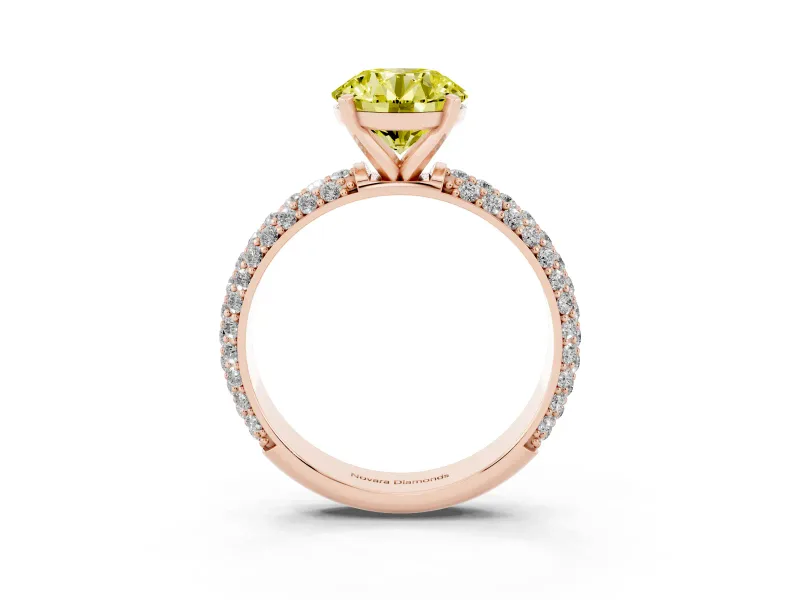 Fancy Yellow Round Cut Diamond Solitaire Ring Set in Rose gold with Prong Setting and Pavé-Set Band