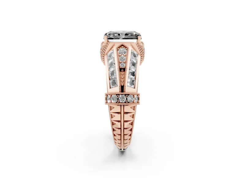 Fancy Black Radiant Cut Diamond Vintage-Inspired Milgrain Ring Set in Rose gold with Accent Split Shank