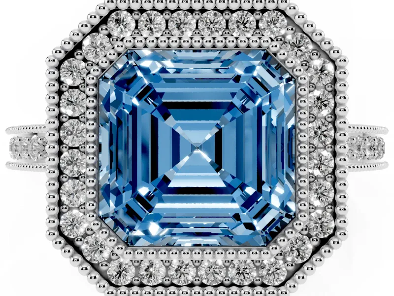 Fancy Blue Asscher Cut Diamond Halo Ring Set in White gold with Pavé Band and Milgrain-Edged Prongs