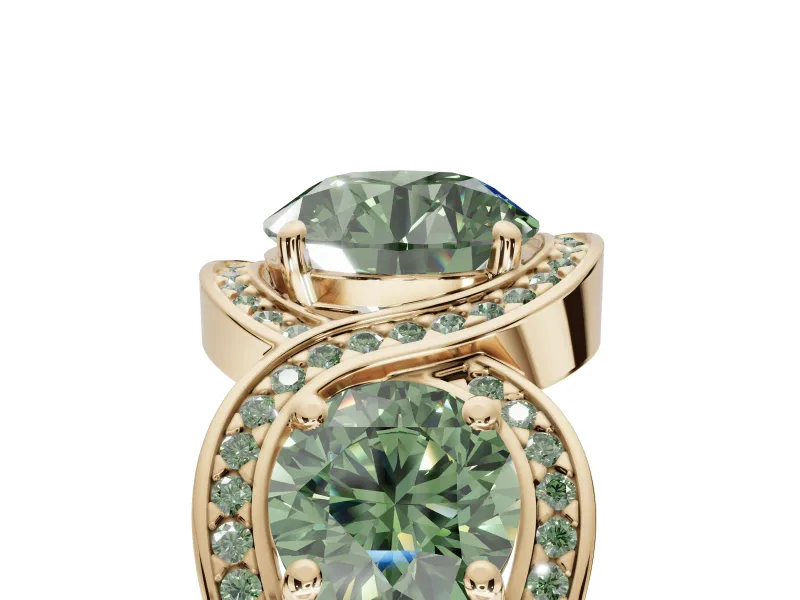 Round Three Stone Halo Engagement Ring Setting for a Fancy Green Lab-Grown Diamond | Pavé Wave Band | Yellow Gold