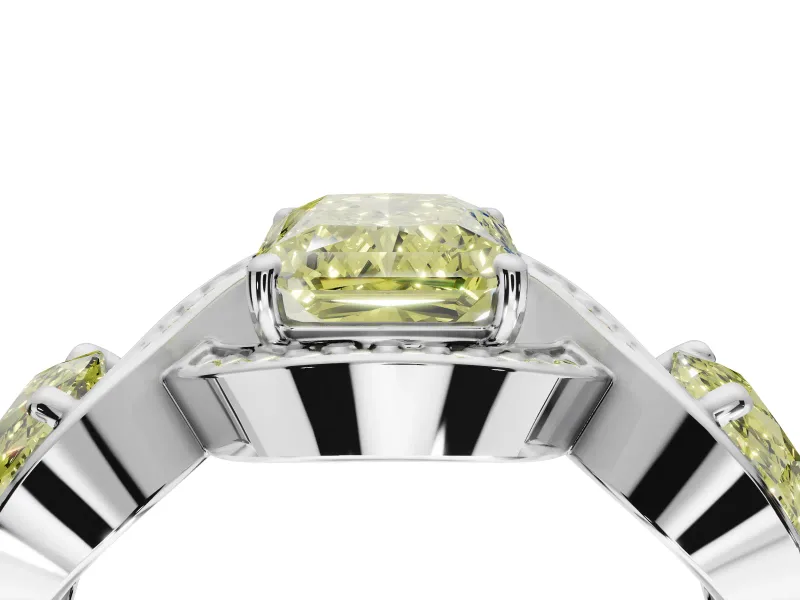Radiant Cut Three Stone Halo Engagement Ring Setting for a Fancy Yellow Lab-Grown Diamond | Pavé Wave Band | Platinum