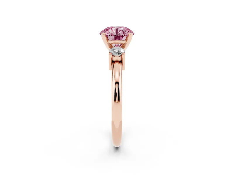 Round Three Stone Engagement Ring Setting for a Fancy Pink Lab-Grown Diamond | Round Side Stones | Rose Gold