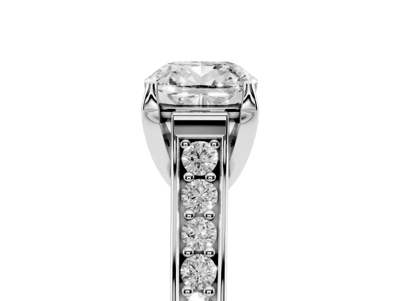 Cushion Cut Diamond Solitaire Pavé Engagement Ring Set in Platinum with Prong Setting
