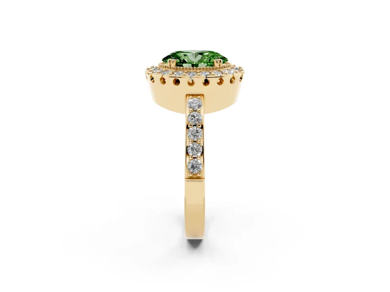 Fancy Green Oval Cut Diamond Halo Ring Set in Yellow gold with Pavé Shank and Prong Setting