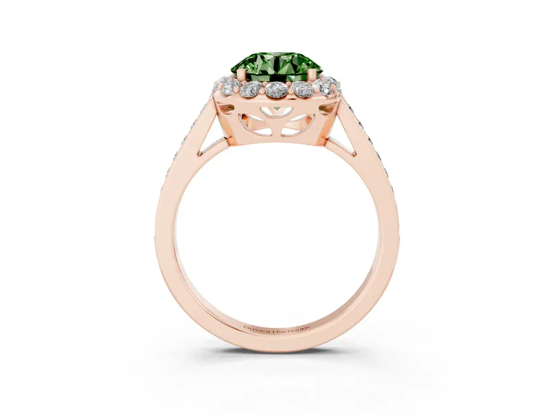 Fancy Green Round Cut Diamond Floral Halo Ring Set in Rose gold with Pavé Band and Prong Setting